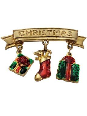 LIA Gold Tone Christmas Stocking Present Charm Dangle Bar Brooch Signed, K587